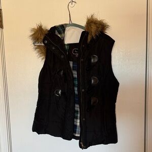 Navy Puffer Vest with Faux Fur Hood- size medium